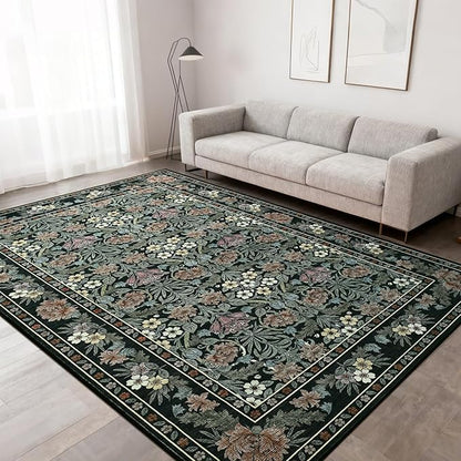 6x9 Black and Green Floral Area Rug for Living Room, Washable Non Slip Rugs for Bedroom Non Slip, Low Pile Large Indoor Accent Carpet for Office, Dining Room, Farmhouse