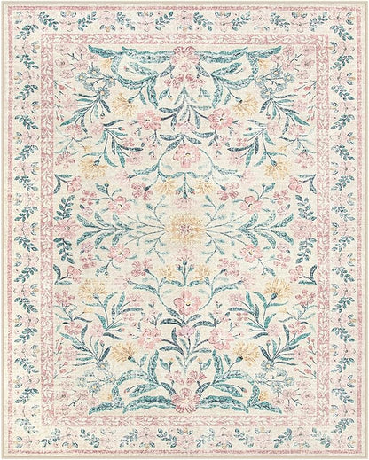 Lahome Large Rugs for Living Room, Boho Machine Washable 8x10 Area Rugs Girls Bedroom Decor, Ultra-Thin Soft Distressed Floral Carpets Non Slip for Office Dining Room, Pink/Multi