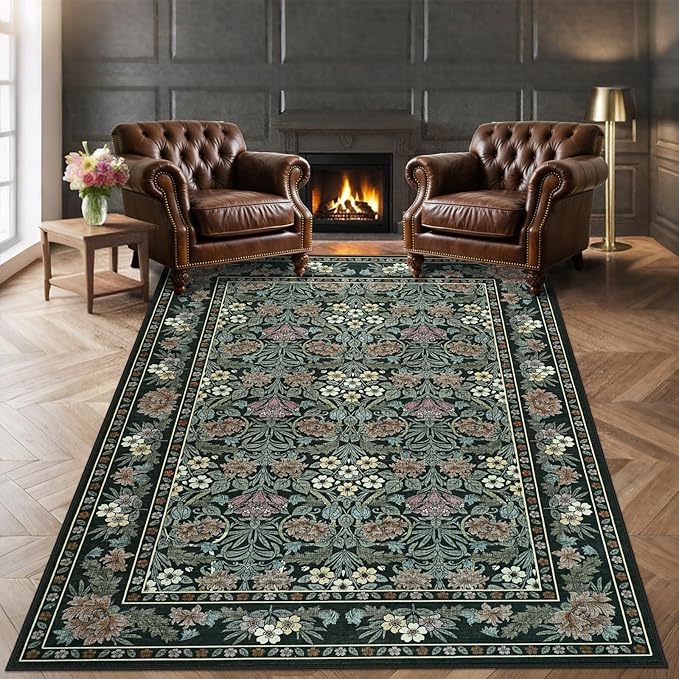 6x9 Black and Green Floral Area Rug for Living Room, Washable Non Slip Rugs for Bedroom Non Slip, Low Pile Large Indoor Accent Carpet for Office, Dining Room, Farmhouse