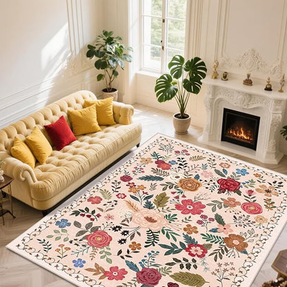 Extra Large 10x14 Area Rug for Living Room, Washable Rugs for Dining Room, Bedroom, Non Slip Stain Resistant Carpet, Low Pile Vintage Floral Rug (Begie Red)