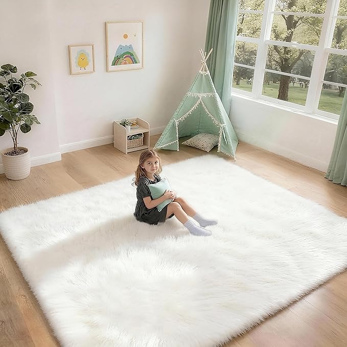 6x9 Solid Fluffy White Area Rug – Washable, Durable, Large Bedroom Rug, Non-Slip High Pile Shag Rugs for Living Room, Sofa Coffee Table, Nursery Rooms, Kids Room, Soft Indoor Floor Carpet