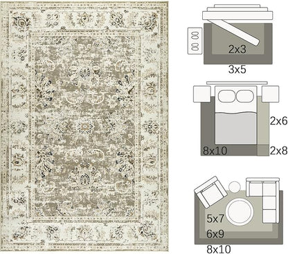 jinchan Fiora Washable Area Rug 3x5 Entryway Rug - Distressed Vintage Floral Ultra-Thin Low-Pile Soft Non-Shedding Indoor Floor Carpet for Kitchen Bedroom Entrance Laundry Living Room(3x5ft, Taupe)