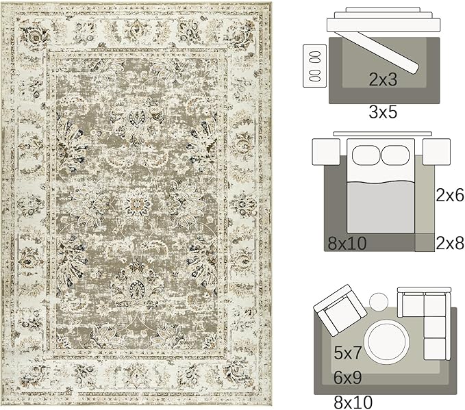 jinchan Fiora Washable Area Rug 4x6 Ultra-Thin Low Pile Non Slip Stain Resistant Soft Faux Wool Floral Rug Distressed Boho Vintage Carpet for Bedroom, Living Room, Kitchen, Nursery(Taupe, 4' x 6')