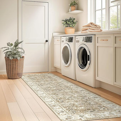 jinchan Fiora Runner Rug 2x6 Machine Washable Hallway Rug Taupe Vintage Floral Print Non-Slip Low Pile Ultra-Thin for Kitchen, Entryway, Laundry Room, Bedroom, Farmhouse (2‘x6’, Taupe)