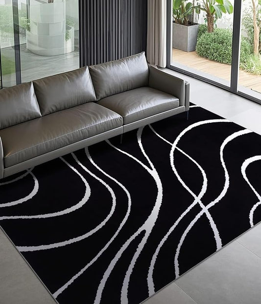 YIHOUSE Black Modern Area Rug 5x7,Abstract Rugs for Bedroom,Black and White Geometric Rug,Minimalist Striped Rug,Dark Washable Area Rugs 5x7 Non Slip Throw Rugs for Bedroom，Office