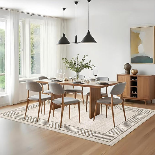 GarveeHome Modern Rugs for Living Room 8x10 Large Bordered Floor Mats with Non-Slip Backing, Stain-Resistant Bedroom Carpet, Foldable Geometric Indoor Rug for Dining Room, Kitchen, Beige