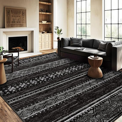 BESTSWEETIE 9x12 Area Rugs for Living Room Washable Moroccan Farmhouse Neutral Geometric Low Pile Non-Slip Soft Print Pattern Rug for Bedroom Kitchen Dining Room Entryway Black/White