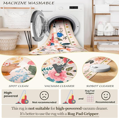 Floral 4x6 Area Rug Machine Washable Soft Print Boho Carpet Non Slip Doormat Low Pile Flower Area Rugs for Living Room Bedroom Nursery Kitchen Dining Room Indoor-Pink