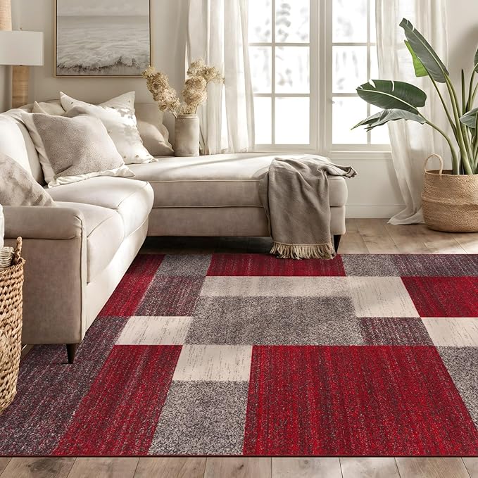 Rugshop Red Modern Geometric Boxes Non-Slip Area Rug Non-Shedding for Living Room, Bedroom and Dining Area, 5'3" x 7'3"