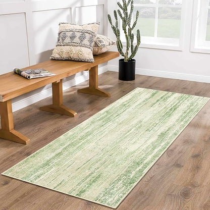 MUJOO Washable Runner Rug 2x6,Modern Abstract Area Rugs for Hallways Kitchen Bedroom Entryway Bathroom Laundry,Non Slip Carpet Long Mat Indoor,Low Pile Throw Rug Accent Neutral Green