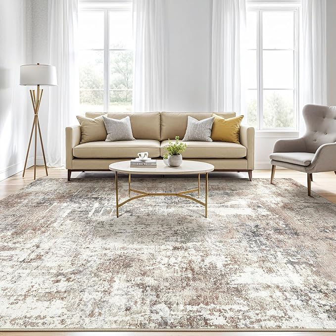 5x8 Area Rug Living Room: Machine Washable Large Abstract Soft Rugs Stain Resistant Indoor Floor Non Slip Accent Carpet for Bedroom Nursery Playroom Office Dining Room Dorm Home House- Brown