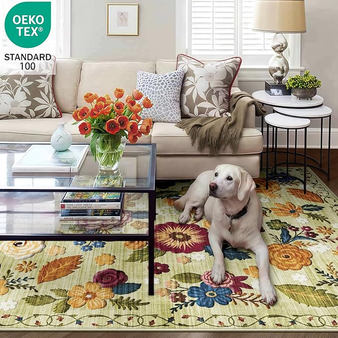 4x6 Machine Washable Area Rug for Living Room, Green Vintage Boho Floral Rug Large Non-Slip Low Pile Soft Faux Wool Carpet, Kids and Pets Friendly for Bedroom Dining Room Farmhouse Home Decor Rug