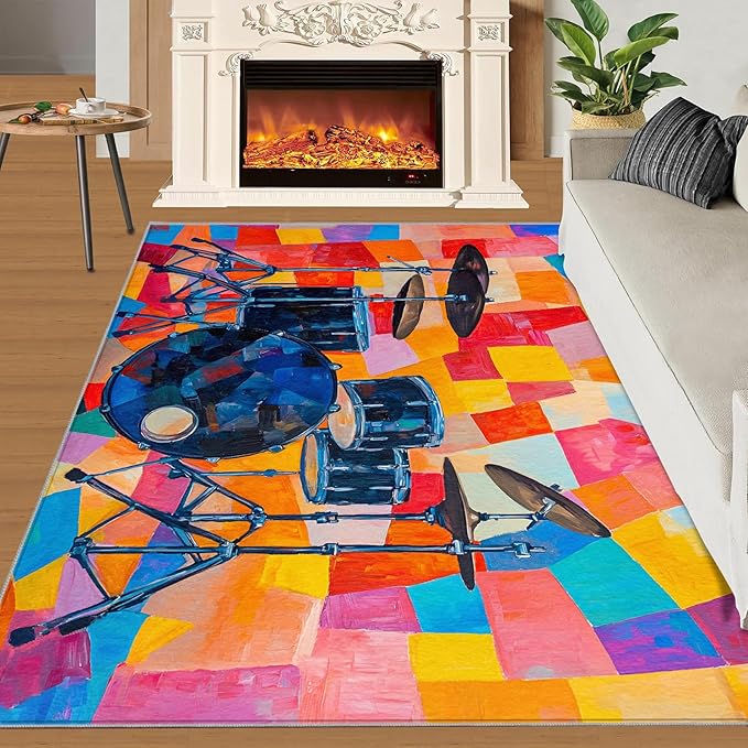 5x7 Drum Set Rugs for Bedroom - Abstract Art Print Rug, Pop Art Rug Non Slip Soft Rugs for Living Room Hardwood Floors Teen Room