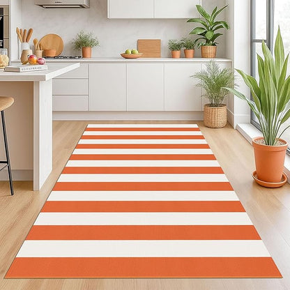 KOZYFLY Striped Outdoor Rug 4x6 Ft Orange and White Halloween Fall Hand Woven Area Rug Washable Outdoor Doormats Indoor Entrance Mat for Front Door Kitchen Entryway Patio Front Porch Decor
