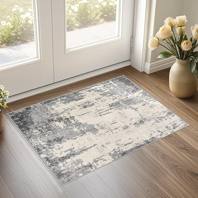 2x3 Entryway Area Rug: Washable Neutral Modern Abstract Small Rug - Non-Slip Low Pile Throw Indoor Carpet for Entrance Kitchen Front Door Mat Bathroom Entry Kids Room - Grey/Light Brown