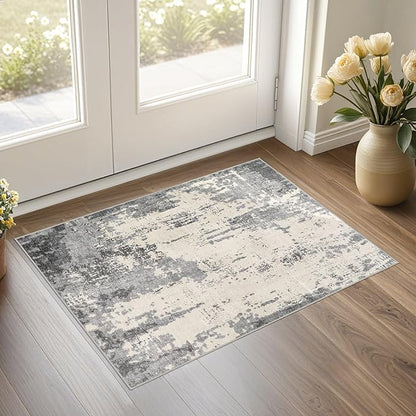 2x3 Entryway Area Rug: Washable Neutral Modern Abstract Small Rug - Non-Slip Low Pile Throw Indoor Carpet for Entrance Kitchen Front Door Mat Bathroom Entry Kids Room - Grey/Light Brown