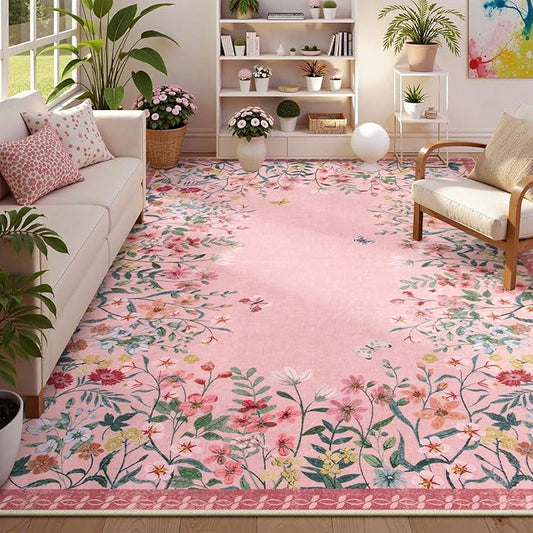 Lahome Boho Floral 8x10 Pink Rugs for Bedroom Girls, Non Slip Washable Nursery Rugs for Living Room, Pastel Indoor Throw Carpet for Dorm Classroom Playroom(Pink,8x10)
