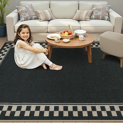 OJIA Easy Jute 5x7 Area Rugs, Washable Outdoor Patio Rug for Living Room Checkered Border Indoor Outdoor Rugs Farmhouse Non-Slip Black Carpet Geometric Rug for Backyard Entryway Dining Room