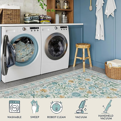 Lahome Blue 5x7 Area Rugs for Living Room, Boho Floral Washable Girls Bedroom Rug, Soft Retro Non-Slip Kids Nursery Carpet for Playroom Apartment Decor