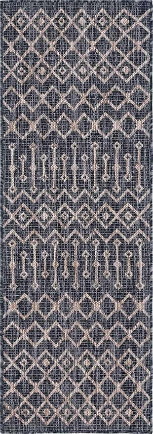 Unique Loom Outdoor Trellis Collection Area Rug - Tribal Trellis (2' x 6' 1" Runner, Charcoal Gray/ Natural)