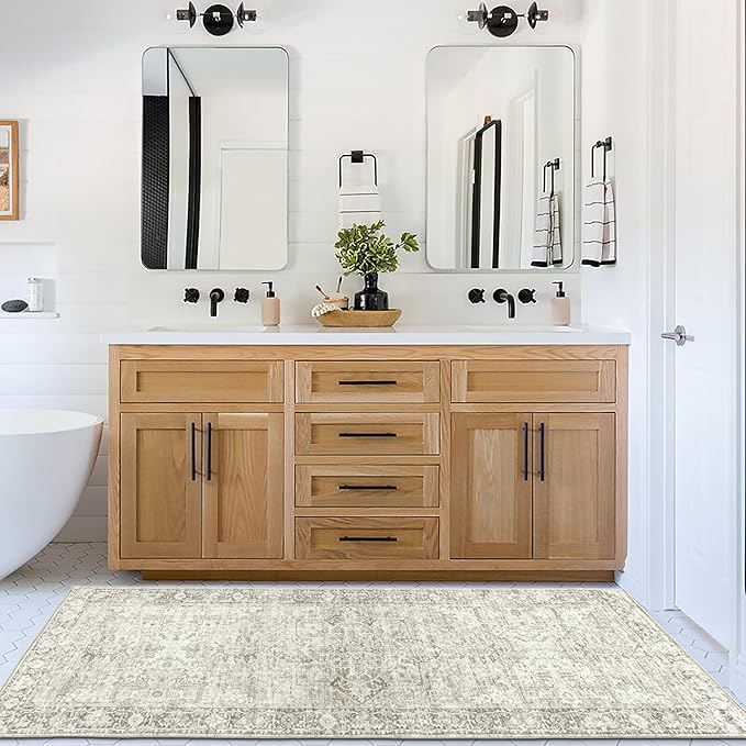 ReaLife Rugs Machine Washable Area Rug Runner - Living Room Bedroom Bathroom Kitchen Entryway Office - Padded Low Pile Stain Resistant Premium - Boho Farmhouse Vintage - Lyle - Beige Ivory 2'6" x 8'