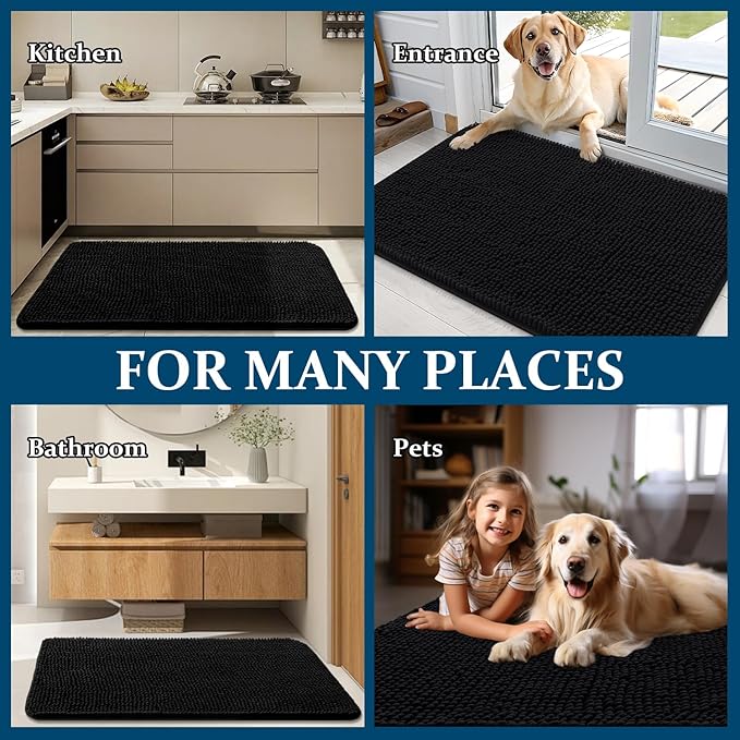 OLANLY Dog Door Mat for Muddy Paws 47x20, Absorbs Moisture and Dirt, Absorbent Non-Slip Washable Doormat, Quick Dry Chenille Mud Mat for Dogs, Entry Indoor Entryway Carpet for Inside Floor, Black