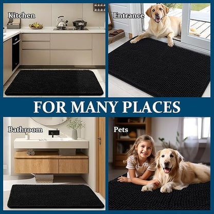 OLANLY Dog Door Mat for Muddy Paws 70x35, Absorbs Moisture and Dirt, Absorbent Non-Slip Washable Doormat, Quick Dry Chenille Mud Mat for Dogs, Entry Indoor Entryway Carpet for Inside Floor, Black