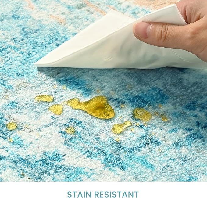 Ompaa Living Room Rug 8x10 Teal Blue Area Rugs Machine Washable Abstract Boho Large Rug Non-Slip Non-Shedding Faux Wool Indoor Vintage Carpet for Bedroom, Classroom, Dining Room, Kids Playroom