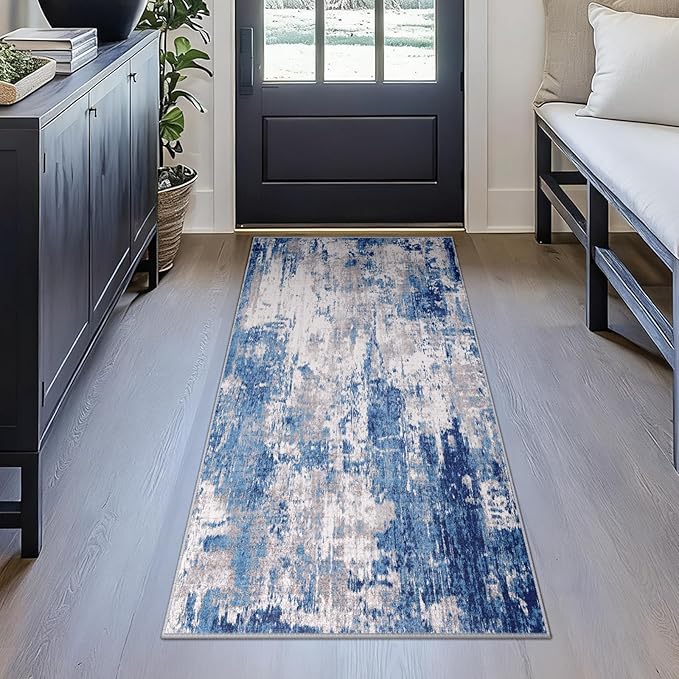 Washable Area Rugs 2'x5' Non-Slip Modern Abstract Soft for Living Room Entryway Bedroom Nursery, Print Pattern, Blue Grey Navy Gray