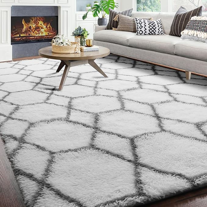ONASAR 6x9 Area Rugs for Living Room Bedroom, Washable Large Fluffy White and Grey Throw Rug, Geometric Soft Plush Shaggy Floor Carpet for Nursery Kids Girls Boys Teen Dorm Home Decor Aesthetic