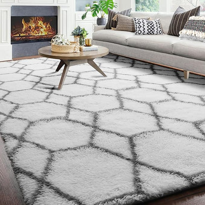 ONASAR 6x9 Area Rugs for Living Room Bedroom, Washable Large Fluffy White and Grey Throw Rug, Geometric Soft Plush Shaggy Floor Carpet for Nursery Kids Girls Boys Teen Dorm Home Decor Aesthetic