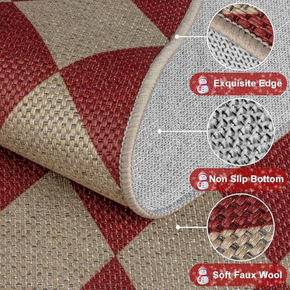Easy Jute Checkered Christmas Rug, 2x3 Modern Red Xmas Indoor Outdoor Doormat, Washable Non-Slip Neutral Small Kitchen Rug Farmhouse Diamond Throw Rugs for Entrance Bedroom Bathroom