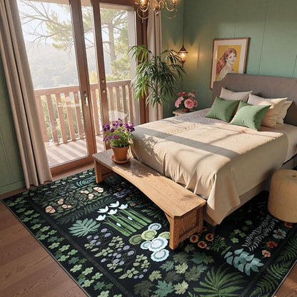 Boho Washable Living Room Bedroom Area Rug 8x10 Under Bed, Floral Large Living Dining Room Area Rugs for Under Table, Non Slip Botanical Indoor Carpet for Home Office Playroom (Black,8 x 10)
