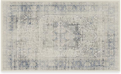 RUGGABLE Washable Vintage Area Rug – Kamran Blue Quartz 3x5, Stain-Resistant, Non-Slip – Small Machine Washable Rugs for Living Room, Bedroom, Hallway, Entryway & Office–with Cushioned Pad