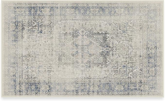 RUGGABLE Washable Vintage Area Rug – Kamran Blue Quartz 3x5, Stain-Resistant, Non-Slip – Small Machine Washable Rugs for Living Room, Bedroom, Hallway, Entryway & Office–with Standard Pad
