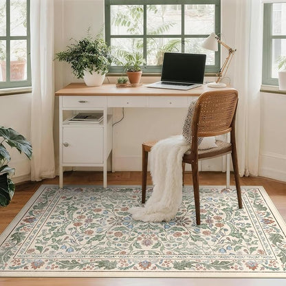 3x5 Washable Area Rug Floral Beige Entryway Small Rug Vintage Forest Low Pile Non Slip Stain Resistance Soft Carpet for Kitchen, Bedroom Beside, Laundry Room, Office Rug, Kids Room, Nursery Room