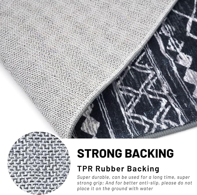 KUTA Boho Vintage Hallway Runners 2x5 ft Black Moroccan Washable Runner Rug Non-Slip Kitchen Rug Ultra Soft Distressed Geometric Floor Carpet for Bedroom Laundry Living Room