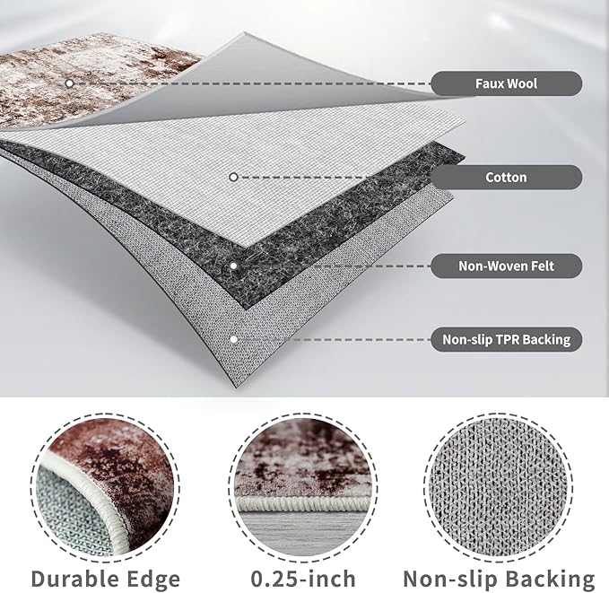 2x8 Washable Runner Rugs for Hallway: Easy-to-Clean Abstract Runners for Entryway Bedroom - Stain and Water Resistant Rugs with Non-Slip Backing - Soft Low-Pile Carpet Brown Khaki White