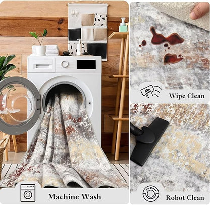 Washable Abstract Runner Rug, 2x6 Modern Area Rugs with Non-Slip Rubber Backed for Kitchen, Thin but Soft Contemporary Carpet Bedroom Entryway Hallway Decor, Rusty Brown