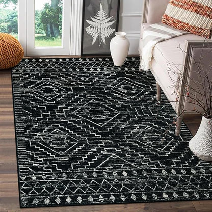 Wonnitar Moroccan 3x5 Rug, Black Washable Small Rug for Bedroom, Non-Slip Geometric Tribal Entry Throw Mat, Boho Farmhouse Rustic Soft Low Pile Area Rug for Bathroom Dining Guest Room (Black,3'x5')