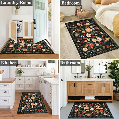 U'Artlines Indoor Door Mat Entrance Rug 2'x3'Soft Non Slip Machine Washable Floral Small Area Rug Carpet for Entryway Kitchen Bathroom Bedroom Black Green