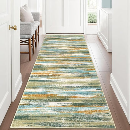 Modern Abstract Runner Rug 3x8, Green Mustard Multi Washable Kitchen Runner Non-Slip Soft Hallway Rug Runner Thin Print Faux Wool Carpet for Entryway Bedroom Laundry Room Indoor Home Office