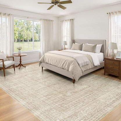 8x10 Area Rugs Living Room: Washable Large Vintage Rug Neutral Non-Slip Soft Stain Resistant Indoor Carpet for Bedroom Nursery Dining Room Under Table Bed Home House Office Playroom - Brown