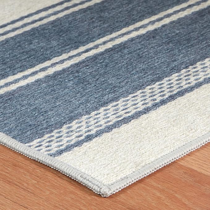 Dash & Albert Bowman Stripe Blue Machine Washable Rug, 6 X 9 Feet, Blue Stripe Pattern