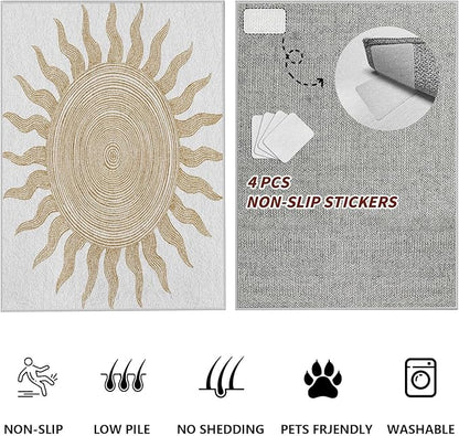 Boho Washable Rugs for Bedroom 8x10, Modern Sun Print Soft Minimalism Area Rug, Non Slip Low Pile Abstract Carpet for Classroom Living Room Decor Dining Room Sofa Kids Nursery Room, Beige Yellow