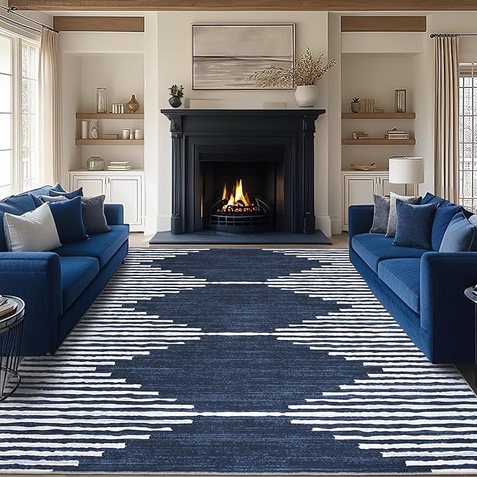 HelloTree Area Rug for Living Room 9x12 Washable Geometric Moroccan Rug Stripe Farmhouse Bohemian Minimalistic Non Slip Non Shedding Ultra Thin Soft Rug for Bedroom Office DiningRoom Nursery-Blue