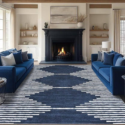 HelloTree Area Rug for Living Room 9x12 Washable Geometric Moroccan Rug Stripe Farmhouse Bohemian Minimalistic Non Slip Non Shedding Ultra Thin Soft Rug for Bedroom Office DiningRoom Nursery-Blue