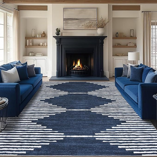 HelloTree Area Rug for Living Room 9x12 Washable Geometric Moroccan Rug Stripe Farmhouse Bohemian Minimalistic Non Slip Non Shedding Ultra Thin Soft Rug for Bedroom Office DiningRoom Nursery-Blue