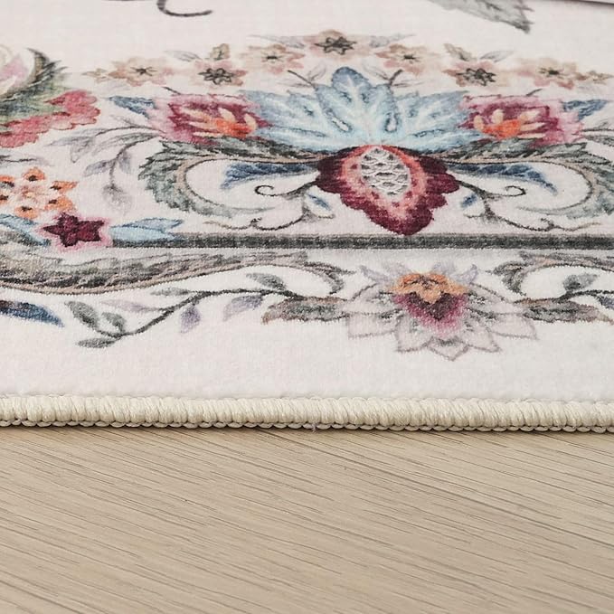Rugcomf Vintage Paisley Round Rug 4ft - Machine Washable Area Rug, Non-Slip Low Pile Floral Carpet for Entryway, Living Room, Bedroom, Dining Room, Kids, Bathroom, Office - Beige
