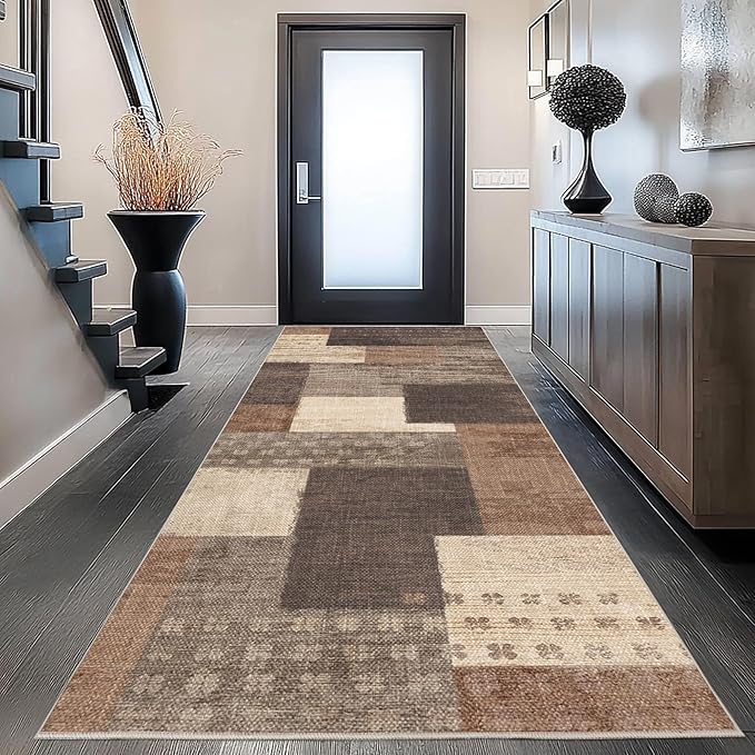 Modern Geometric Patchwork Indoor Runner Rug for Living Room, Beige 2.7'x 10' Large Rug Rockwood Collection Hardwood Floors Decor for Bedroom, Beige Throw Carpet for Office Entryway Dining Room